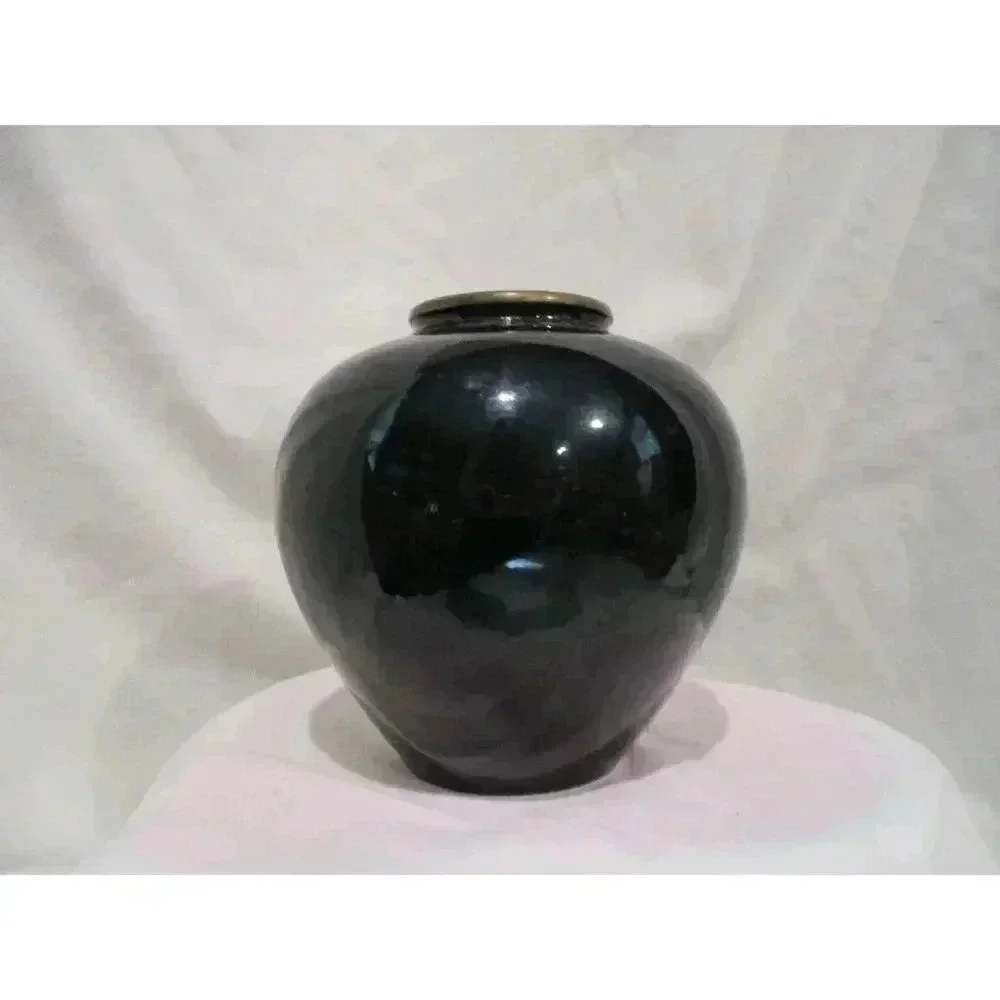 Vase, Black Lacquered Brass Vase with peacock and floral decoration‎